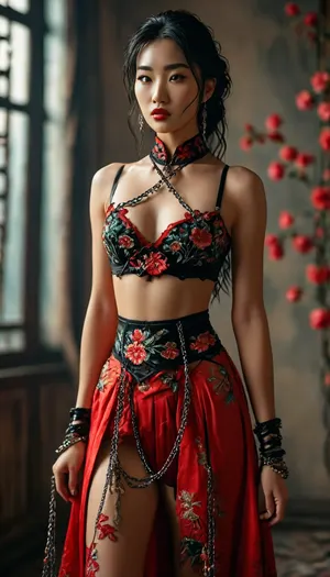 Mulan, <lora:MJ52:.8>, Garterbelt, black, fabric, floral, embroidery, wearing, the, garterbelt, iron, chains, <lora:GarterbeltXL:.8>