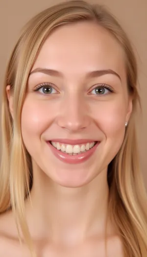 The woman has a generally oval-shaped face with a soft and friendly expression. Her skin appears fair with a subtle, warm undertone. Her forehead is moderately high, framed by strands of light blonde hair that fall to either side, with a slight part visible.

Her eyebrows are naturally shaped, appearing light brown or dark blonde, and are well-defined without being overly sculpted. They arch gently above her eyes.

Her eyes are a light color, possibly blue or green, and are almond-shaped. The upper eyelids have a natural crease, and her eyelashes are moderately long and light in color. There are subtle hints of fine lines near the outer corners of her eyes, suggesting she is likely in her late twenties or early thirties.

Her nose is straight and proportionate to her face, with a slightly rounded tip and subtle definition at the bridge.

Her cheeks are full and rounded, contributing to her warm smile. When she smiles, natural lines extend from the sides of her nose towards the corners of her mouth

Her mouth is moderately full, with a well-defined upper lip that has a gentle curve. Her lower lip is also full. Her teeth are visible in her smile, appearing white and even.

Her chin is softly rounded and slightly pointed. Her jawline is gentle and not sharply defined.

Overall, her features combine to create a pleasant and approachable appearance, with a genuine and happy smile being the most prominent characteristic.