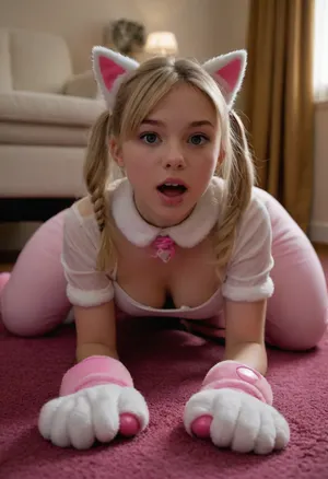 a girl, 18 years old, young face, full body visible, She crawls slowly across a plush carpet, arms encased in padded pink paw mitts with internal locking rods. Her knees are protected by latex pads, but ankles are hobbled by a short leash from cuff to cuff. A vibrating plug tail lifts her rear, swaying with each shuffle forward. A white silicone collar with a soft bell chimes faintly with movement. Her mouth is gagged with a pacifier-style plug, and a pair of fluffy cat ears rest atop her ash-blonde hair, which is tied back into a high, swaying ponytail.