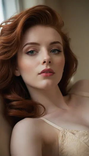 ziprealism, (hyper feminine features, ultra feminine appearance, adorable Scottish girlfriend, pale skin:1.4), (high fashion model, chic lingerie, boutique lingerie, reclining, leaning away from camera, seductive pose:1.4), (provocative avant-garde high fashion esthetic, low angle view, focus on breasts, linear perspective:1.6), (long delicate eyelashes, soft flirty smile:1.2), (vibrant auburn hair, voluminous stylish hair, swept back hair style, asymmetric hair style, hair cut in textured layers, subtle warm highlights:1.8), (cozy artist's loft, large industrial windows, streaming sunlight, godrays), (masterpiece, best quality, 8k, RAW photography, award-winning, uncompressed, maximum quality), (professional color grading:1.2), (softly blurred background, soft bokeh), (natural skin texture, realistic skin details, subtle vellus hairs), (maximum clothing detail), (maximum hair detail, natural hair texture), (perfect eyes, maximum eye detail, expressive eyes, visible limbal ring, detailed iris texture, realistic eye texture)