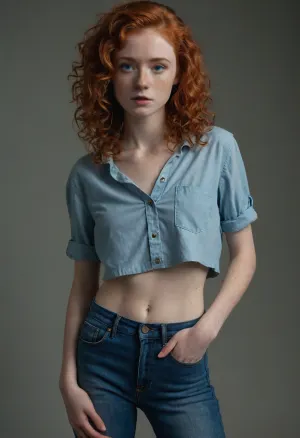 Full body shot, 20 year old ginger girl, lots of freckles, light red hair, very curly hair, mullet, small upturned nose, thin lips, big eyes, skinny body, lanky body, thin crop tops shirt, no bra, pointy nipples, pokey, low-cut baggy blue jeans