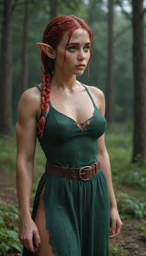 (Scene, In the forest in heavy rain. It is night and the only light is the moonlight. The ground is wet, the trees are close together), (Model, female elf, 25 years old, (Head, wet red hair braided into a thick braid. Anxious facial expression. Freckles.), (Body, very tall. muscular physique. Medium breasts, athletic butt, flat muscular stomach, muscular legs), (Clothing, short Medieval dress, (ripped under the breast), leather belt, leather accessories at neck and arms))