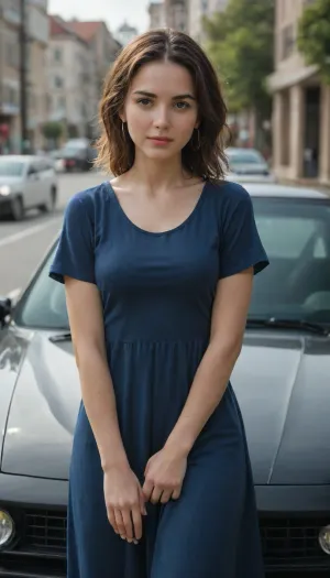 A young woman in a dark blue dress lies on the hood of a modified green Nissan skyline R34 sports car on a sunny day.
In the frame, the woman is positioned slightly off-center, on the hood of the car, facing the camera, with a slight smile on her face. The car that stands out from the general background is a modified Nissan skyline sports car in green. A parking lot is depicted in the background, and several more people are visible in the distance. It's a sunny day, and the picture was taken from such an angle that it shows a woman and a car.
The woman has fair skin and brown hair. She's wearing a navy blue dress with short sleeves and a white collar that hugs her curves.
The artistic style of photography looks like an ordinary snapshot, without any artistic frills.&nbsp;The image is a simple digital image with simple colors and clear lines.&nbsp;
The decoration is an outdoor parking lot on a sunny day.&nbsp;The lighting is bright, creating natural shadows.&nbsp;The car is in the foreground, which gives visual significance to the scene. The background depicts a typical urban outdoor scene with other vehicles and pedestrians, which adds depth to the overall picture.