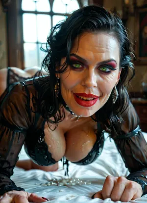 (realistic:1.2), front view, (close up face:1.3), The Countess is a, (sexy GILF, beautiful older lady), evil Dominatrix, (she is a dangerous vampire, evil smiling, tall, square face shape, wide cheekbones, demon, pale skin, perfect puffy lips, green eyes, straight black hair), (big massive Silicon breast, huge fake tits), wearing a black leather corset, transparent black negligee Coat, platform high heels, (on all fours, on her hands), (((open mouth, showing her perfect tongue))), panting on huge bed, (((She is getting fucked in doggy by one slender man grabbing her hips))), legs wide spread, (huge vaginal creampie:1.2), bedroom of a medieval castle, detailed image, high resolution, resolution, highres, <lora:580159_training_data:.8>, <lora:MJ52:.8>