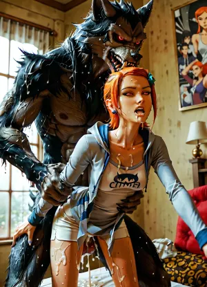 (Movie poster for a 1960s horor movie version of breakfast at Tiffany's:1), Werewolf, massive red knotted werewolf penis, red eyes, doggystyle sex, beautiful skinny woman, rough sloppy sex, primal mating, cum inside, growling, impregnation, moaning and drooling from the mind melting orgasm, small perky boobs, impossible fit, grabbing her waist, grabbing hair, modern-werewolf, (/Ben10), /, (ultra, HD, quality, details), (green, eyes), flat, chest, pale, purple, kokkoro, akgmiria_AA, akagi, miria, brown, eyes, two, side, up, black, red, hoodie, hooded, jacket, shorts, open, akgmiria_BB, hood, blue, striped, shirt, akgmiria_CC, scrunchie, gray, skirt, dress, white, bag, gwen, tennyson, bright, orange, hair, short, <lora:Modern_Werewolf:.8>, <lora:MJ52:1.1>, <lora:akagi_miria_animagine_v1:.8>, <lora:Gwen Tennyson (Ben10) - XL SCXL V1.0:.8>