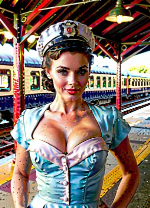 vintage 1950s setting, young female train conductor, early 20s, brunette hair pinned up in a classic 50s hairstyle, light blue eyes, pasty white skin, short black dress uniform with cap, train station platform background, hot and sweaty face, dirty forehead, smudged makeup, curly hair slightly undone and messy, damp armpits and sides, cleavage, low-cut dress showing ample bosom, black stockings, black heels, confident smirk, sultry gaze, dark circles under eyes, tired but still alluring, high-definition, ultra-realistic, dramatic lighting, 4k resolution, soft focus background, shallow depth of field., (((very detailed face))), . Provocative pose, teasing, smiling with teeth.