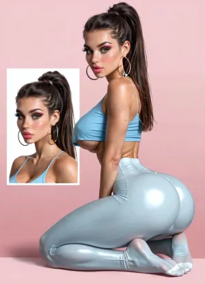 Cinematic stills of a voluptuous fitness model, ((She is wearing a camisole with underboob and skin tight leggings)), (large round tits), (large pawg ass), hoop earrings, straight white teeth, large expressive almond-shaped eyes with intense eyeliner and eyeshadow, well-groomed and naturally arched eyebrows, retrousse nose proportionate to the rest of her facial features, full and plump lips, (dimples), (long dark eyelashes), (highly detailed eyes), pursed lips, symmetrical face, (beauty marks), (brown iris), black pupils, super tiny waist, (hourglass body), petite frame, short, thin, fit, (busty), super detailed breasts, whore, slutty, sensual, sexual, aroused, blushed, intense, hardcore, porn, fucktoy, cumslut, narrow waist, teasing, tease, detailed hands, four fingers and a thumb per hand, round butt cheeks, booty, bubble butt, bare pussy, professional, highly detailed, freckles on skin, nsfw, 1woman, long straight ashy brown hair with natural highlights in a ponytail with shaved sides, submissive, incredibly busty bimbo, engorged breasts, large tits, heavy hanging boobs, perfect tits, retrousse tits, makeup, incredibly long lashes, lipgloss, super snatched waist, huge bubble ass, female face focus, a tight little fitness figure, athletic buttocks, athletic legs, toned stomach, oiled skin, ((different poses of the same model, sitting, kneeling, bending over, arched back)), ((close up view of face, tits, and ass)), same clothing, pink background, model sheet, famous pornstar, character sheet, Multiple views