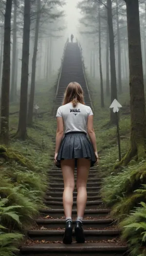 epic painting, girl in a short skirt standing at parting ways, signs in two directions, leftarrow reading "Anal Rape", right arrow reading "Virginity", on the left a dark forest with monsters with big dicks, on the right a stairway to heaven and angels with big tits