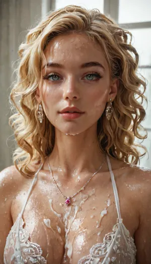 Sexy blonde girl with a big dick jerks off and cums on herself