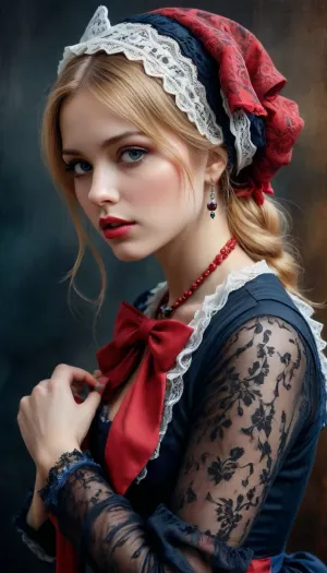 8k, RGB, HDR, oil paints, watercolors, bright saturated colors, Anna Razumovskaya, Jarek Kubicki, Aleksi Brilo, Darek Zabrotsky, Sakimichan, Loisch, Aminola Rezai, photo RAW, black, dark red, Mixed media collage., beautiful face. Calligraphy, gouache wash, pen sketch, thin lines, vintage illustration style. Black, white, coral pink, red, blonde hair, beautiful patterns, ral-melting, whdbd, blue, dress, jewelry, necklace, bonnet, long, sleeves, bow, lace, trim, frills, pantyhose, <lora:ral-melting-sdxl:.5>, <lora:whdbd XL:.4>