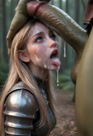 Close up, beauty, (gorgeous girl:1.1), (fantasy steel heavy armor), blonde long hair, (big blue eyes:1.3), giant orc with a, (giant penis:1.5), huge testicles, licking his massive veiny orc penis, penis is twice as big as her face, forest, kneeling, (face splatered in sticky white cum:1.5), (penis is on her head), tears, short tongue, hand on head, (mouth wide open), mouth strech to the limit, cheekjob, cheek strech, impossible fit in mouth, side view blowjob, full lenght body, (cum dripping from cock:1.5), (cum dripping from mouth:1.5), (cum on face:1.8)