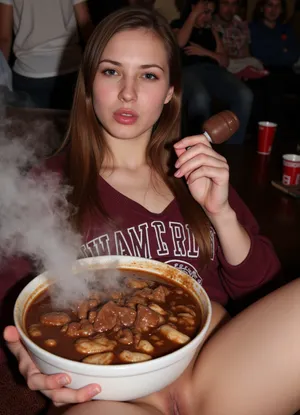 20 year old extremely lustful horny stoned drunk girl on a couch with beautiful freckled face, ((freckles)), ((only half pupil visible)), (((horny looking at camera))), (((orgasm))), (((blushing embarassed))), lots of makeup, college frat party, holding a steaming bowl filled with brown food chunks of steaming food, (steaming bowl), (bow filled with steaming hot liquid food), disgusted grossed out face, face of smelling something bad, steam everywhere, steamning, covered in cum, smoking a cigarette in a very lustful way, white dense cigarette smoke coming from mouth, steam and fog, foggy room, very dark room, camera flash, (crowd of people watching:1.2), (red Solo cups), (beer keg), (drunk:1.4), (wearing an oversized burgundy sweater with a university name printed on it, sweatpants pulled down, no panties), (red cheeks:1.3), disheveled hair, large dildo, face smeared in brown chocolate, smeared chocolate around lips, smeared chocolate around cheeks, smeared dirt all over face, dirty all over face, ruined makeup, smeared makeup