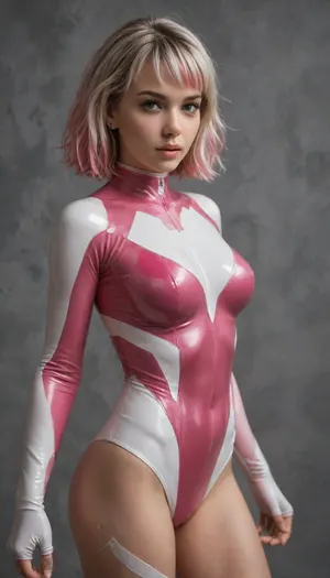 high detailed, high quality, masterpiece, no text, quality highlights, 8k detail, ultra-detailed, Gwenpool, 1girl, woman, solo, young, sexy curves, breasts, superhero, superhero suit, dynamic_pose, abstract, abstract_background