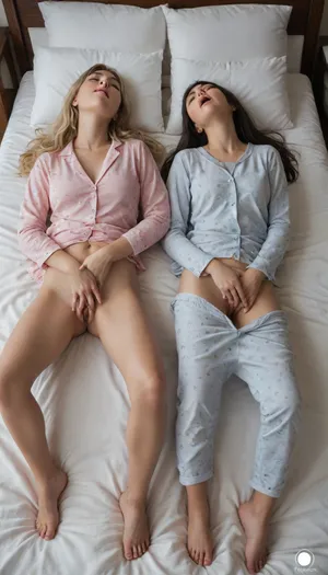 Two girls, 18 years old, ((masturbation)), Girl 1 Asian, black long hair, closed mouth, Girl two Russian, blonde long hair, beautiful faces, full length view, camera focus on pussy, wearing pajamas, pajama pants pulled down to knees, detailed facial expression, both eyes closed, lying in bed, (((finger in pussy))), aroused, ((orgasm face)), head back, girls smiling, photorealistic, best quality, high detail