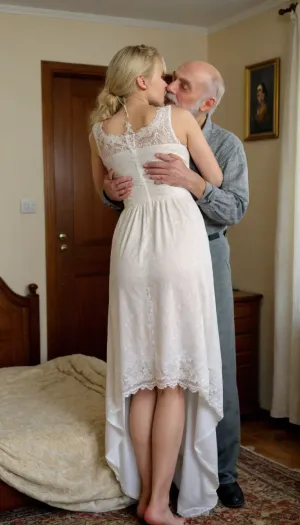 A room in an apartment, a very beautiful tall slender Russian woman housewife with a curvy figure with an elegant hairstyle in a house dress passionately kisses a 90-year-old ugly bald grandfather, who roughly squeezes her big breasts and round ass, the dress is pulled up, lace panties are visible, the view is complete, excellent quality, detailing, masterpiece