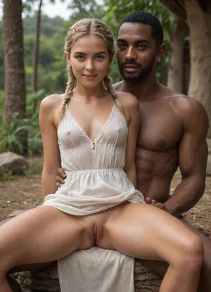 beautiful medium blonde deeply tanned 21 years old woman with medium blonde braids and blue eyes with firm small breasts and happy smile and shaved pussy and suntan wearing a wet white dress in deserted village in Africa with male naked native man, ((wet white dress)), ((deeply tanned medium blonde scandinavian woman in foreground and male naked native black African man sitting)), big penis, vagina, suntan