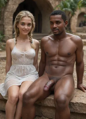 beautiful medium blonde deeply tanned 21 years old woman with medium blonde braids and blue eyes with firm medium breasts and happy smile and shaved pussy and suntan wearing a wet white dress in deserted village in Africa sitting next to male naked native man, ((wet white dress)), ((deeply tanned medium blonde scandinavian woman in foreground sitting next to male naked native black African man)), erected huge big penis, vagina, suntan, Object, gd, erection, sex, toy, penis, large, <lora:Penis_XL:.6>
