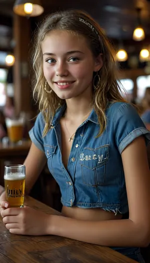 18 year old dutch girl, solo, happy face, wearing blue shirt with the words "daddy's little sugar" written on it, denim shorts, sitting at the bar in a public cafe, big golden earrings, drinking a glass of beer, <lora:MJ52:.8>, <lora:403324_training_data:.8>, <lora:ahxl_v1:.8>