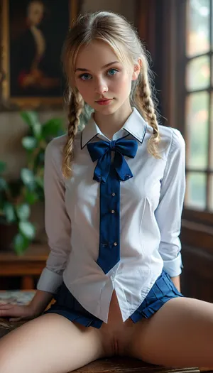 super realistic photography, perfect lighting, (best shadow), 8K, UHD, clear image, (best lighting), highest quality, super detailed images, fine details, high resolution, 8k wallpaper, masterpiece, full body view, wide angle, super detailed NSFW clothing, super detailed photography, one girl, you are very cute shy, very petite, very young, short body, seductive french girl, 18 years old, very thin, with a very seductive smile, blonde hair, long blonde hair- thin pigtails, smooth skin, long hair, (alluring blue eyes:1.4), yuri, ((masturbation:1.4)), school uniform, short sleeves, open school skirt, unbuttoned school shirt, (bare pussy:1.3), bow in hair, ass, blush, bow, sweat, garter belt for stockings, (unbuttoned shirt), stockings, (hands with five fingers), naked, perfect round tits, bare tits, <lora:add-detail-xl:.5>, <lora:284451_training_data:.8>, <lora:274698_training_data:.8>, <lora:MJ52:.8>