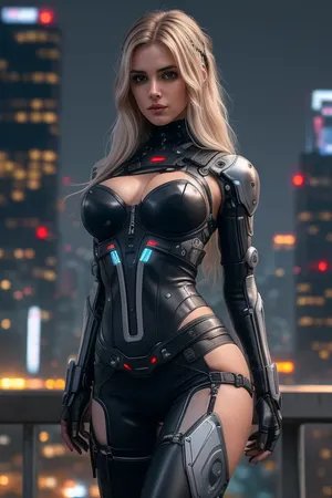 busty slender 19yo female cyberpunk nomad posing for the camera, professional photograph, ultra detailed, intricate details, (photorealistic:1.5), 8k, UHD, tack sharp, (masterpiece:1), slim body, random hair color, random hair style, (at night:1), high quality face, (cyberpunk outfit), (at night:1.5), visible crotch, (shaved pussy), large round breasts, large tits, cybernetic implants, (small very tight pussy:1.4), random pose, random view angle