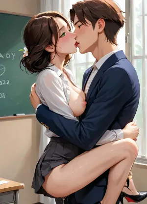 masterpiece, best quality, highly detailed, (anime:1.2), BREAK, (sideview, male college student is carrying female teacher in his arms, her arm around him as she is lying in his arms:1.4), ((a gorgeous 35 year old mature white female teacher being carried by a 20 year old male college student, she is held on her back in his arms, couple)), (she is French kissing and dry humping a male college student as he carries her in his arms:1.2), (natural D cup breasts, perfect nipples), wet shaved pussy, slim, athletic, gymnast body, (brown hair:1.1), (green eyes), (blushing), (she is wearing a black blazer, black pleated skirt, high heels, white blouse unbuttoned with her breasts exposed:1), (teacher is pregnant), (in a bedroom:1.2), <lora:Animated_Concept:1>