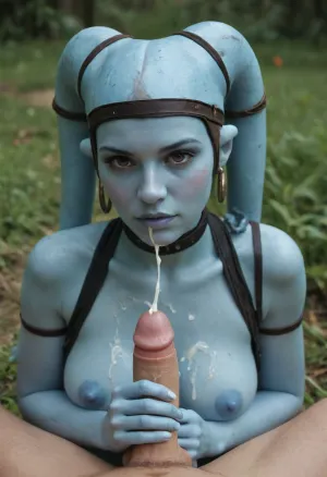 ((Aayla Secura)), on her knees giving a man with a normal size penis a handjob, male POV, natural breasts, huge cumshot, massive amount of cum on chest and breasts and nipples, more cum on her breasts, even more cum on her face, lots more cum on her hands, outside, no hair, bald, Twi-lek lekku head-hails, blue nipples, blue lips, purple eyes