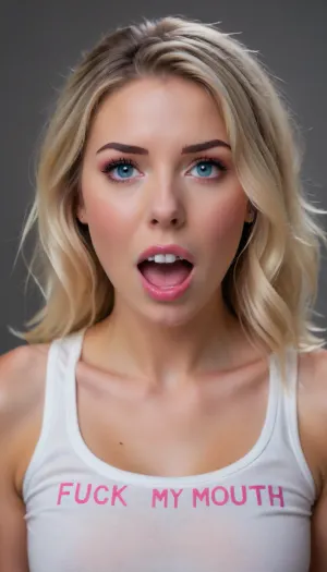 Close up, ((21yo model on her knees)), euro WOMAN, woman blonde hair, mouth open, face, big load OF CUM on face, deep perspective, ((skinny face)), ((long messy after sex hair frames her face)), tousled hair, tits showing, blue eyes, skinny, perfect body, perfect breasts, pov, looking up at viewer, eye contact, (detailed face:1.3), ((wearing a white t-shirt with the words " FUCK MY MOUTH " in pink writing on front)), long sleeves, black skirt, surprised, messy updo, showing pussy, woman, facial, cum, on, breasts, stomach, covered, in, perfect, logo, text, sign, that, says, the, word, <lora:texta:2>