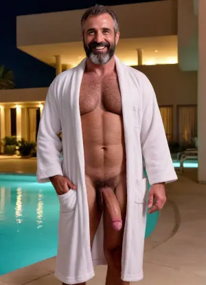 A sexy masculine hairy bearded 50yo seductively smiling Arab men in a white bathrobe standing next to a hotel pool at night. His bathrobe is open revealing his hairy chest, hairy belly and long fat 12-inch flaccid penis., Photo looks as if it was taken using flash. Shot from below. @hrypctls1, <lora:xpenis-1.5e:.5>, <lora:@hrypctls1.v1.concept.sdxl_epoch_3:.2>, <lora:pein:.6>