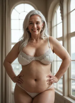 (mature woman:1.4), (wearing white bra:1.8), (white panties), dyed-white haired, hazel eyes, overweight, big belly, ample breasts, (smiling:.7), detailed face, detailed skin, detailed hands, perfectly drawn face, perfectly drawn mouth, perfectly drawn hands, perfect eyes, perfect teeth