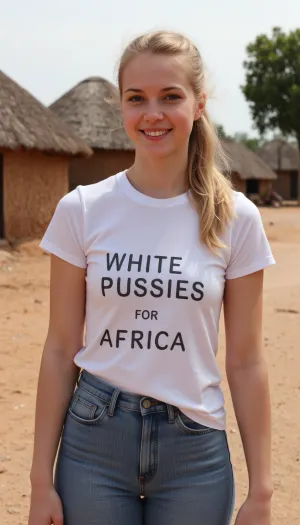 A 19 year old German woman, wearing jeans and t-shirt, smiling, blonde ponytail, is standing in a African village. Her t-shirt is printed with text "WHITE PUSSIES FOR AFRICA".