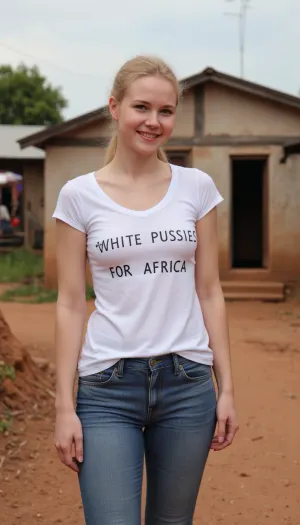 A 19 year old German woman, wearing jeans and t-shirt, smiling, blonde ponytail, is standing in a African slum. Her t-shirt is printed with text "WHITE PUSSIES FOR AFRICA".