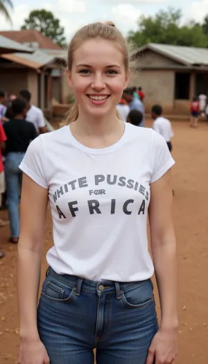 A 19 year old German woman, wearing jeans and t-shirt, smiling, blonde ponytail, is standing in a crowded African slum. Her t-shirt is printed with text "WHITE PUSSIES FOR AFRICA".