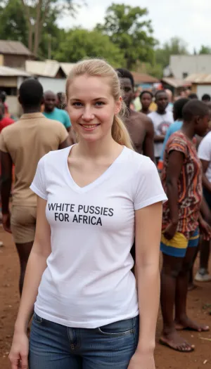 A 19 year old German woman, wearing jeans and t-shirt, smiling, blonde ponytail, is standing in a crowded African slum. Her t-shirt is printed with text "WHITE PUSSIES FOR AFRICA".