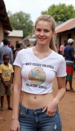 A 19 year old German woman, wearing jeans and t-shirt, smiling, blonde ponytail, is standing in a crowded African slum. Her t-shirt is printed with text "WHITE PUSSIES FOR AFRICA. VOLUNTARY SERVICE.".