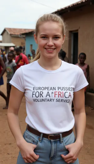 A 19 year old German woman, wearing jeans and t-shirt, smiling, blonde ponytail, is standing in a crowded African slum. Her t-shirt is printed with text "EUROPEAN PUSSIES FOR AFRICA. VOLUNTARY SERVICE.".