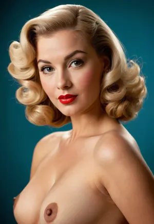 pin-ip girl, pin-ip pose, early 1950s beauty standards, (1950s vintage pin-up style:1.3), Playboy playmate, Playmate of the Month, PMOM, (fully nude:1.3), poses for camera, (realistic hair, realistic face, realistic anatomy, realistic pose), (photorealistic, best lighting, best shadows, intricate detail), (full-length image:1.3), simple flat black background