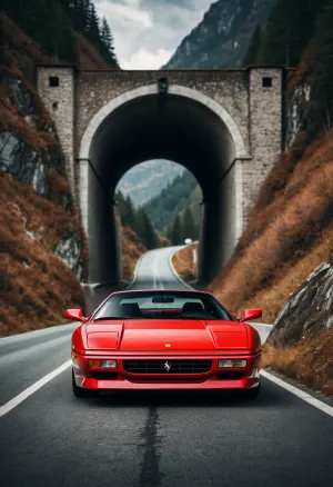 A realistic photo of a red Ferrari 348 in front of a tunnel on a lonely European mountain road