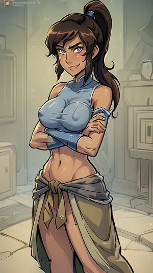 (masterpiece, best quality:1.2), lyco, (thelegendofkorra_korra-10:1), cowboy shot, solo, 1girl, korra, dark skin, dark-skinned female, smile, looking at viewer, crossed arms, ponytail, hair tubes, bare shoulders, ((medium tits)), Boobs visible, ((Without clothing)), without clothes, naked, kneeling, <lora:thelegendofkorra_korra-10:.5>, <lora:akaburStyleLora_akaburAnythingV3Lora:.5>