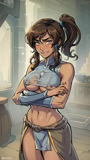 (masterpiece, best quality:1.2), lyco, (thelegendofkorra_korra-10:1), cowboy shot, solo, 1girl, korra, dark skin, dark-skinned female, smile, looking at viewer, crossed arms, ponytail, hair tubes, bare shoulders, ((medium tits)), Boobs visible, ((Without clothing)), without clothes, naked, kneeling, <lora:thelegendofkorra_korra-10:.5>, <lora:akaburStyleLora_akaburAnythingV3Lora:.5>