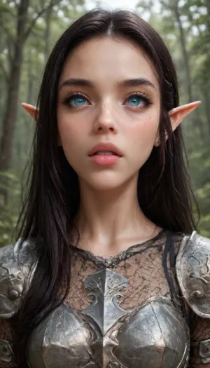 (1 extremely beautiful elf girl standing in a forest:1.4), (close angle), (front view), big thin cute lips, freckles, (extremely small beautiful face:1.4), black hair, (extremely long hair:1.2), extremely straight hair, (beautiful black fishnet armor:1.3), fully clothed, white skin, very long thick eyelashes, (light teal eyes), (extemely beautiful petite body:1.4), collarbones, multiple big necklace, earrings, (cute tiny breasts), small waist, bubble butt, (extremely thin petite thighs), long legs, (extremely perfect big beautiful eyes:1.8), (perfect face), 8k, spaceship, white, sclera, eyes, R3g4l, 3lv3n, woman, courtyard, armor, cloak, sword, castle, <lora:white sclera v2:1.3>, <lora:rknArouseXL:1.4>, <lora:Regal_Elven:.9>, <lora:1366408_training_data:.1>