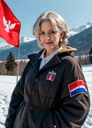 60 years old black skinned grandmother having fun, oversized massive siliconed tits, Switzerland flag, casual winter clothes, exhibitionist, snow High detailed photo, high quality photo, portait