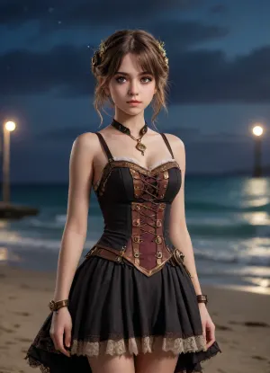 A steampunk screenshot of a girl wearing a dress on a beach at night. Looking at viewer, beautiful detailed eyes, bokeh, depth blur, anime style, key visual, vibrant, studio anime, highly detailed, full portrait view