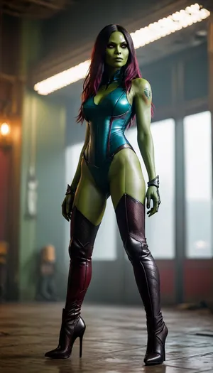 Gamora, full body, high, heels, sexy, heel, 15, cm, boots, <lora:398313_training_data:.8>, <lora:Midjourney Image Enhancer XL v1:.8>, ChunLingerie, <lora:SDXL_ChunLingerieXL:.8>