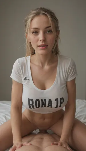 (25 year old female), laugh, large breasts, boobs exposed, fit, lean, green eyes, no makeup, cowgirl position, sex, viewer looking at female, good hands, five fingersper hand, very long hair, ponytail, blonde hair, no panties, soccer jersey pulled above her boobs, flashing, Bed, bouncing tits, bedroom