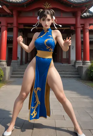 Chun-li, street fighter, huge tits, athletic, toned body, slim, superhero, action pose, martial arts, traditional Chinese dress, bare legs, bare arms, Japanese temple in the background, highest detail, masterpiece, highest detail face, esmsdxl, <lora:esmsdxl:.8>