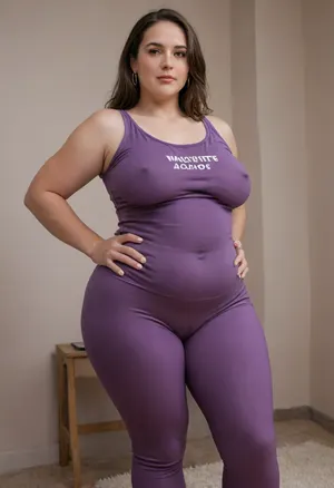 Very Obese ssbbw, 48yo pale brunette milf, realistic detailed skin, large very saggy breast, dark purple tight tank top, leggings, ultimate realism, highly detailed, high quality, braless, Wearing, clothes, that, make, sense, with, Braless>, <lora:220437_training_data:1.4>, <lora:bralessSDXL_v1_00022:1.6>