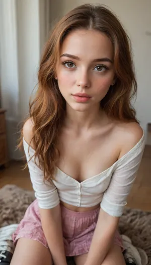 3/4 body view, cute russian girl, blush, brown eyes, ((thin and narrow lips)), ginger long hair, body, small boobs, beauty face, cleavage, skirts, fully clothed, pretty, faces, lovely looking at viewer, teasing, begging, (((very much want have sex))), side by side, inside, pixie boots, same outfit, close together, flat, chested, <lora:flat_chested_v3.5:.8>