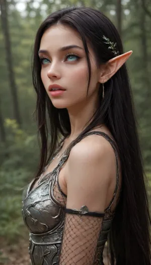 (1 extremely beautiful elf girl standing in a forest:1.4), (close up angle:1.4), (side view), big thin cute lips, (extremely small beautiful face:1.3), black hair, (extremely long hair), extremely straight hair, (beautiful black fishnet armor:1.4), fully clothed, white skin, very long thick eyelashes, (light teal eyes), (extemely beautiful petite body:1.4), collarbones, multiple big necklace, earrings, (cute tiny breasts), small waist, bubble butt, (extremely thin petite thighs), long legs, (extremely perfect big beautiful eyes:1.8), (perfect face), 8k, spaceship, white, sclera, eyes, R3g4l, 3lv3n, woman, courtyard, armor, cloak, sword, castle, <lora:white sclera v2:1.3>, <lora:rknArouseXL:1.1>, <lora:Regal_Elven:1>, <lora:1366408_training_data:.8>