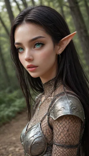 (1 extremely beautiful elf girl standing in a forest:1.4), (close up angle:1.4), (side view), big thin cute lips, (extremely small beautiful face:1.3), black hair, (extremely long hair), extremely straight hair, (beautiful black fishnet armor:1.4), fully clothed, white skin, very long thick eyelashes, (light teal eyes), (extemely beautiful petite body:1.4), collarbones, multiple big necklace, earrings, (cute tiny breasts), small waist, bubble butt, (extremely thin petite thighs), long legs, (extremely perfect big beautiful eyes:1.8), (perfect face), 8k, spaceship, white, sclera, eyes, R3g4l, 3lv3n, woman, courtyard, armor, cloak, sword, castle, <lora:white sclera v2:1.3>, <lora:rknArouseXL:1.1>, <lora:Regal_Elven:1>, <lora:1366408_training_data:.8>