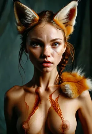 masterpiece, fit vascular, Antropomórfico, (fox), skin fox, full motled, pele realista, ultra realismo, alta definição, fundo solido, skinny, (wearing torn very tightly fitted clothes:.6), (intense possessed eyes), eyeliner, veiny legs, (intense veins all over her body:.5), (black detailed vein texture:.7), (transforming into a anorexic furry fox-girl:.3), (infected bulging black veins:.7), (intense detailed pussy texture:1.1), (sharp claws on her hands:1.03), Her intense gaze and poised stance add a daring, modern twist to the traditional drape, creating a striking and edgy aesthetic, subtly softening the bold composition, View her back side, Cinematic and luxurious, view alutrawide angle, wide angle, (angry, fighting with viewer:.7), full extra wide angle, full view, 4k details, extra detail, pointed ears, (full body view:1), wanapi, fur, all, fours, arching4s, <lora:wanapi:.3>, <lora:MJ52:.8>, <lora:arching4s:.5>